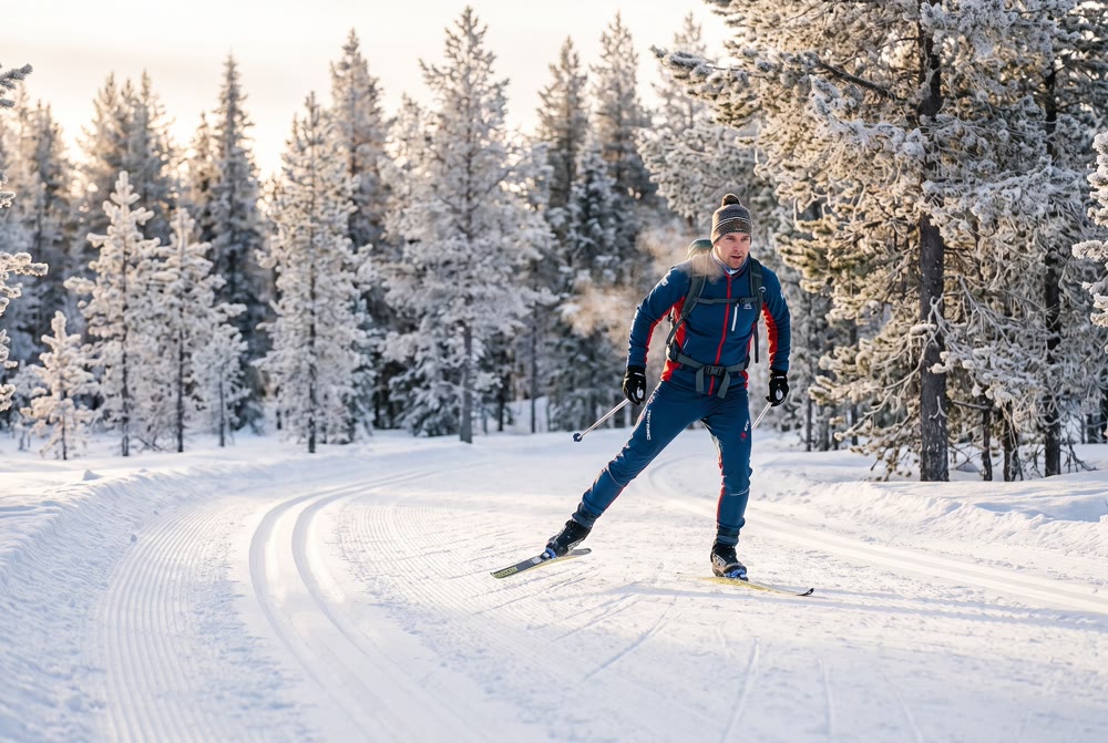 Langläufer auf einer verschneiten Loipe